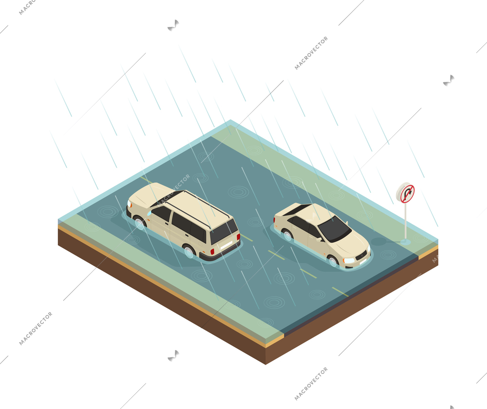 Natural disaster isometric composition with view of cars on rainy road flooded with water vector illustration