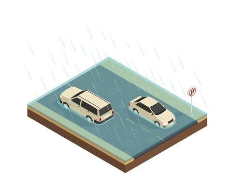 Natural disaster isometric composition with view of cars on rainy road flooded with water vector illustration