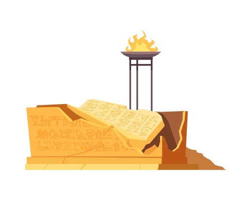 Egyptian tomb composition with isolated image of cracked stone tomb with torch fireplace vector illustration