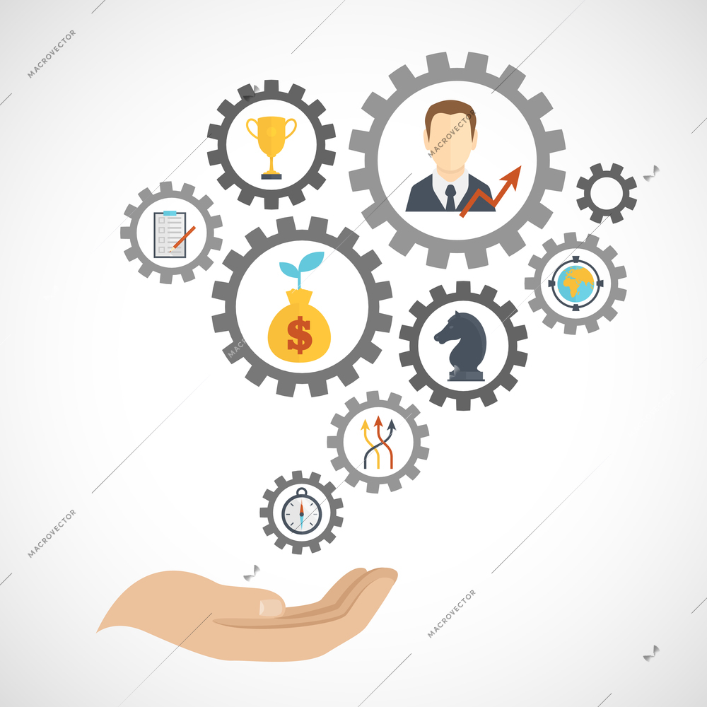 Business strategy concept with hand and planning flat icon set in gears vector illustration