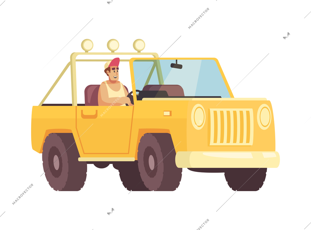 Safari travel composition with isolated view of man driving off road vehicle vector illustration