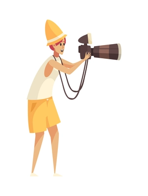 Safari travel composition with isolated character of tourist in hat holding professional photo camera vector illustration