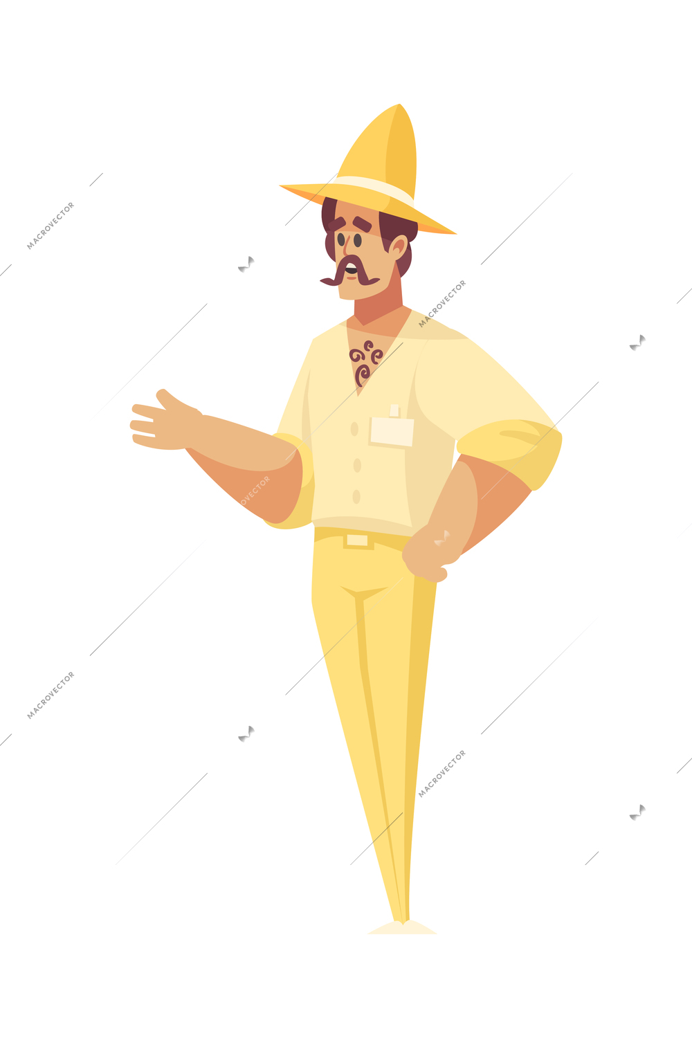 Safari travel composition with isolated character of guide wearing hat and badge vector illustration