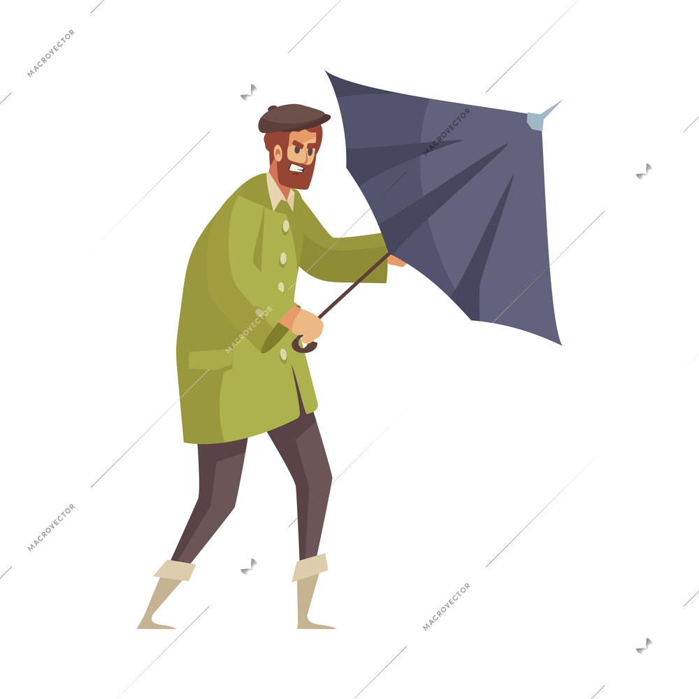 Bad weather rain composition with isolated character of angry man opening his umbrella vector illustration