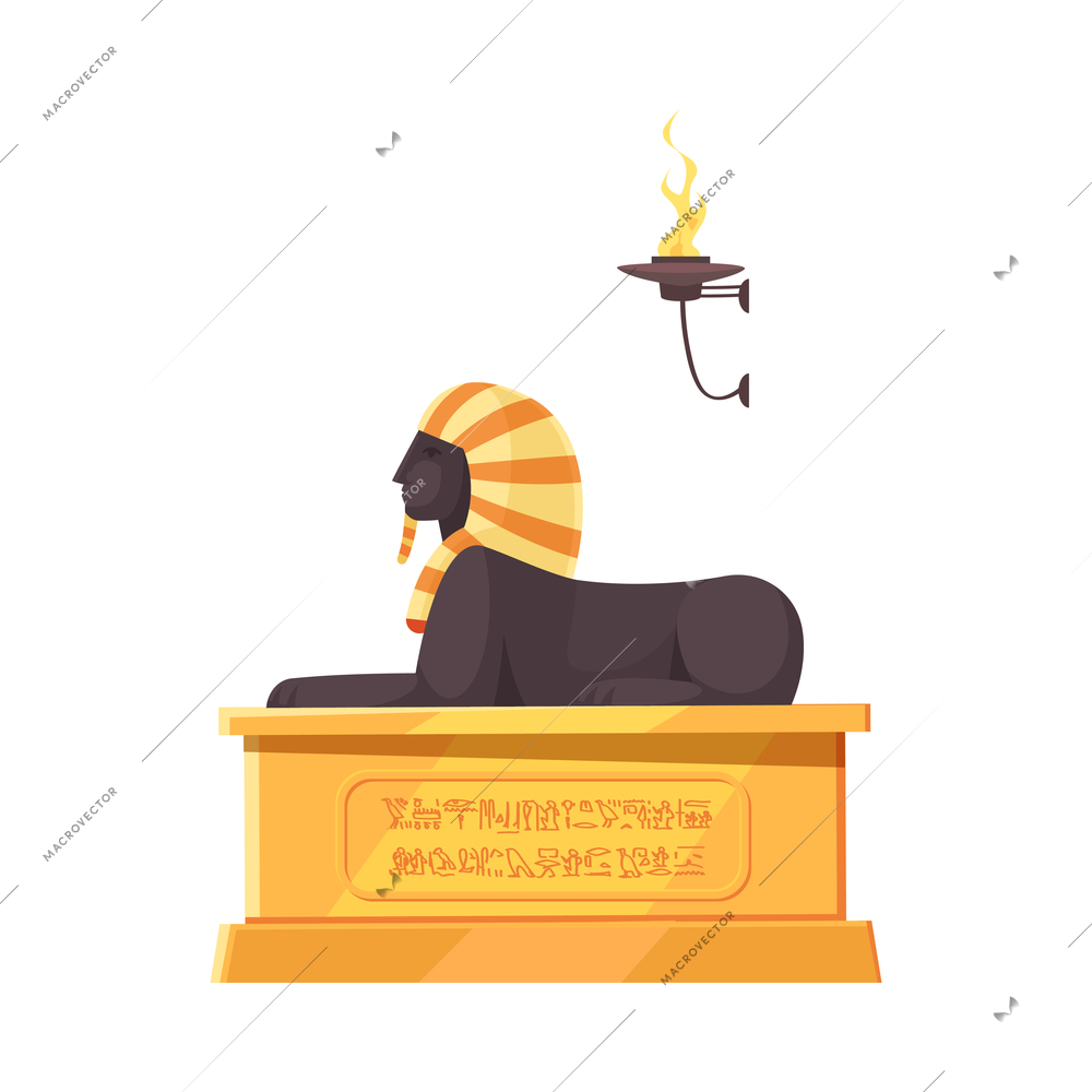 Egyptian tomb composition with isolated image of sphynx sitting on top of stone tomb with hieroglyphs vector illustration