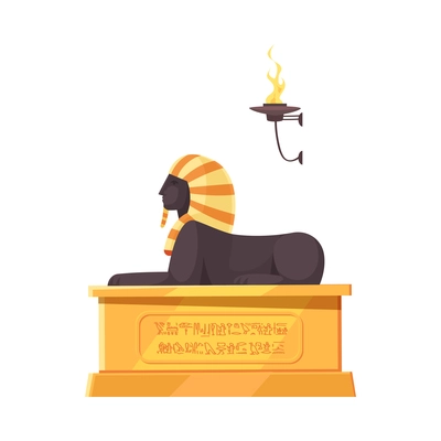 Egyptian tomb composition with isolated image of sphynx sitting on top of stone tomb with hieroglyphs vector illustration