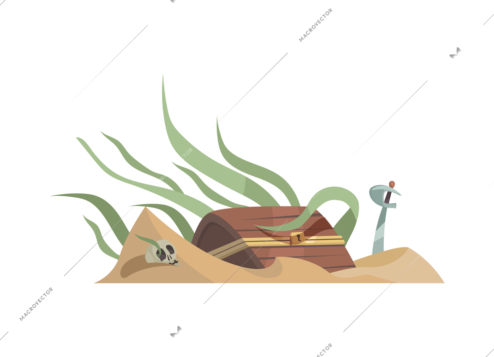 Scuba diving composition with isolated sea bottom scenery and treasure chest sword with skull vector illustration