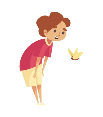 Safari travel composition with isolated character of little boy watching flying butterfly vector illustration