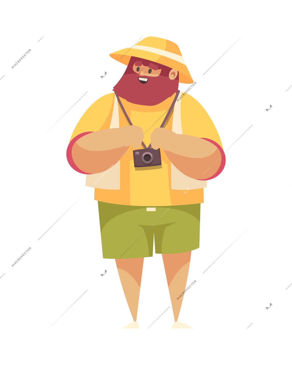 Safari travel composition with isolated character of male tourist with beard and hat with small camera vector illustration