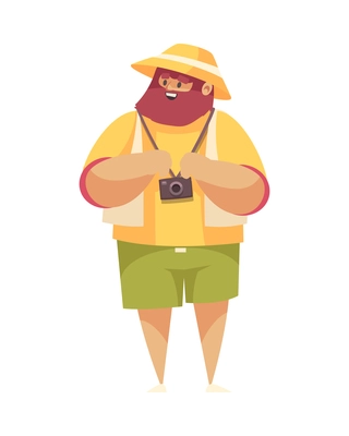 Safari travel composition with isolated character of male tourist with beard and hat with small camera vector illustration