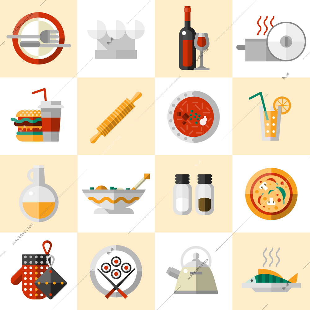 Cooking food icons set with cutlery chef hat wine bottle pot isolated vector illustration