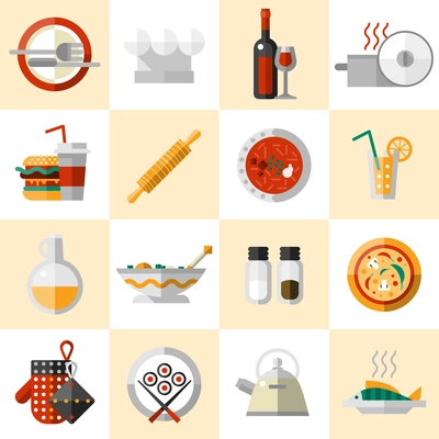 Cooking food icons set with cutlery chef hat wine bottle pot isolated vector illustration