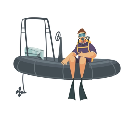 Scuba diving composition with isolated image of rubber boat with sitting character of diver vector illustration