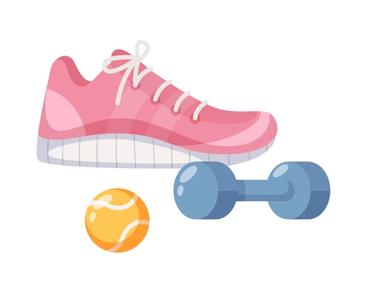 Diabetes cartoon composition with isolated images of sport boot tennis ball and dumbbell vector illustration