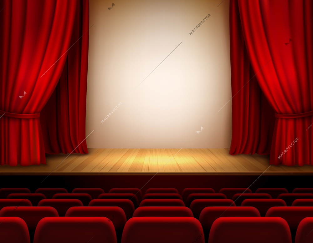 Theater stage with red velvet open retro style curtain background vector illustration