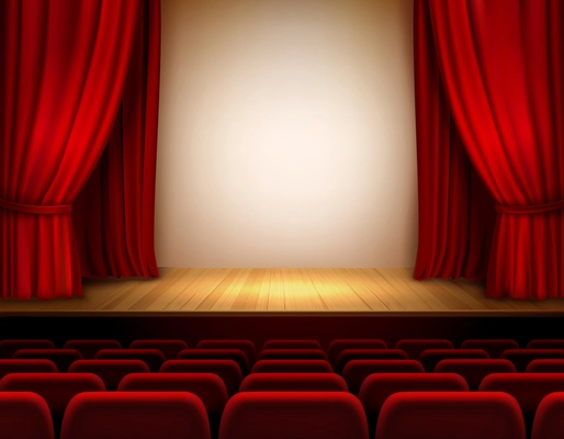 Theater stage with red velvet open retro style curtain background vector illustration