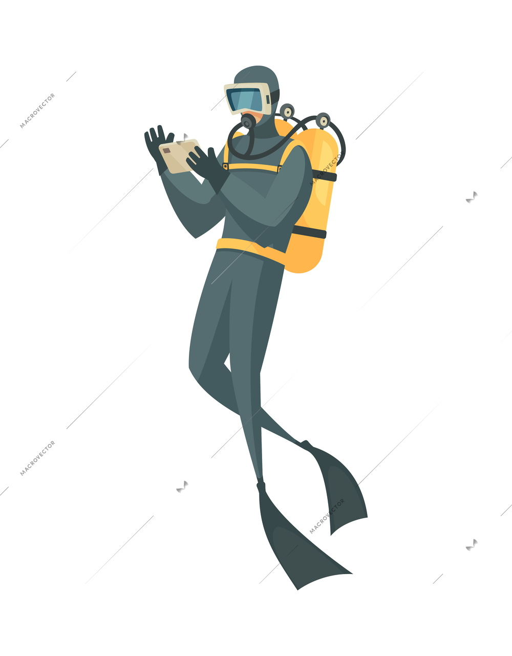 Scuba diving composition with isolated male character of floating diver in suit holding gadget vector illustration