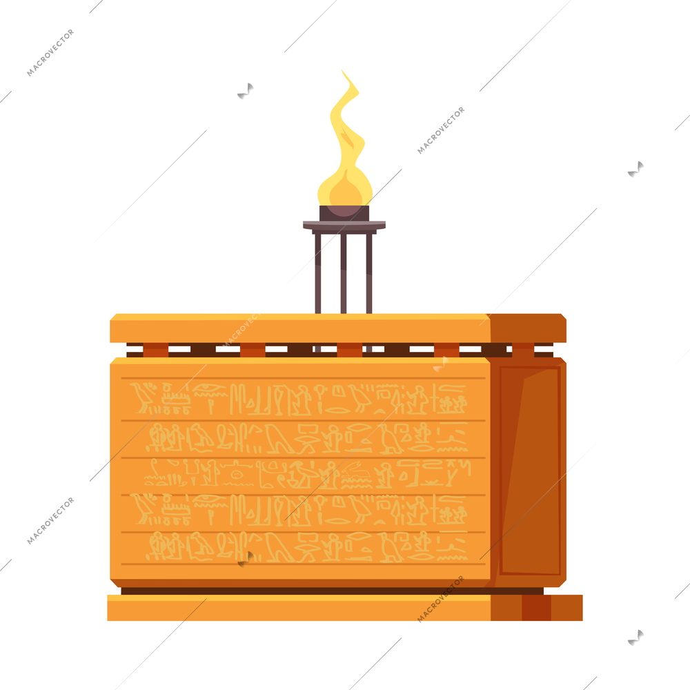 Egyptian tomb composition with isolated image of stone tomb etched with hieroglyphs with torch lamp vector illustration