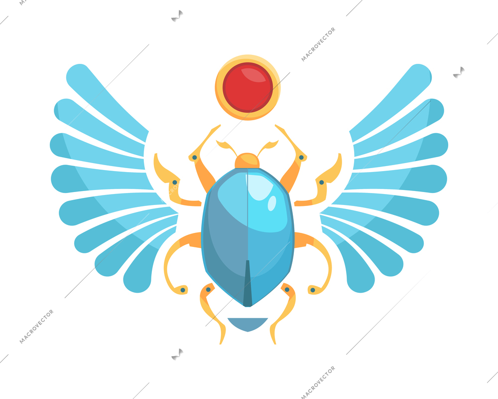 Egyptian tomb composition with isolated image of bug with blue wings and red circle vector illustration