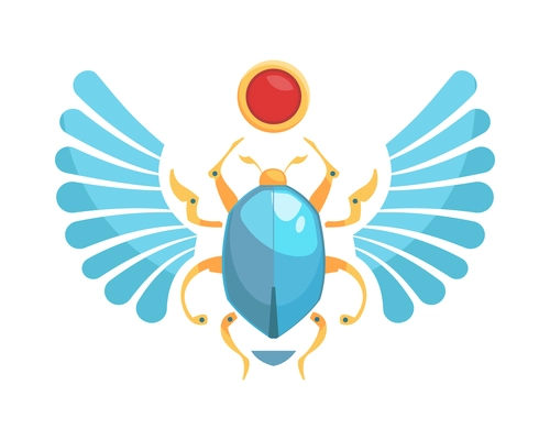 Egyptian tomb composition with isolated image of bug with blue wings and red circle vector illustration