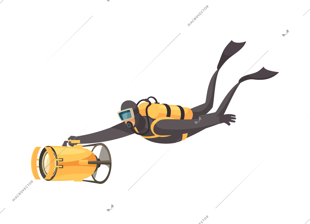 Scuba diving composition with isolated character of floating diver with breathing equipment and torch vector illustration