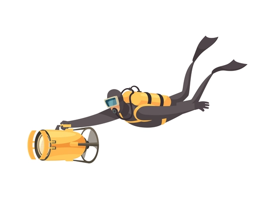 Scuba diving composition with isolated character of floating diver with breathing equipment and torch vector illustration