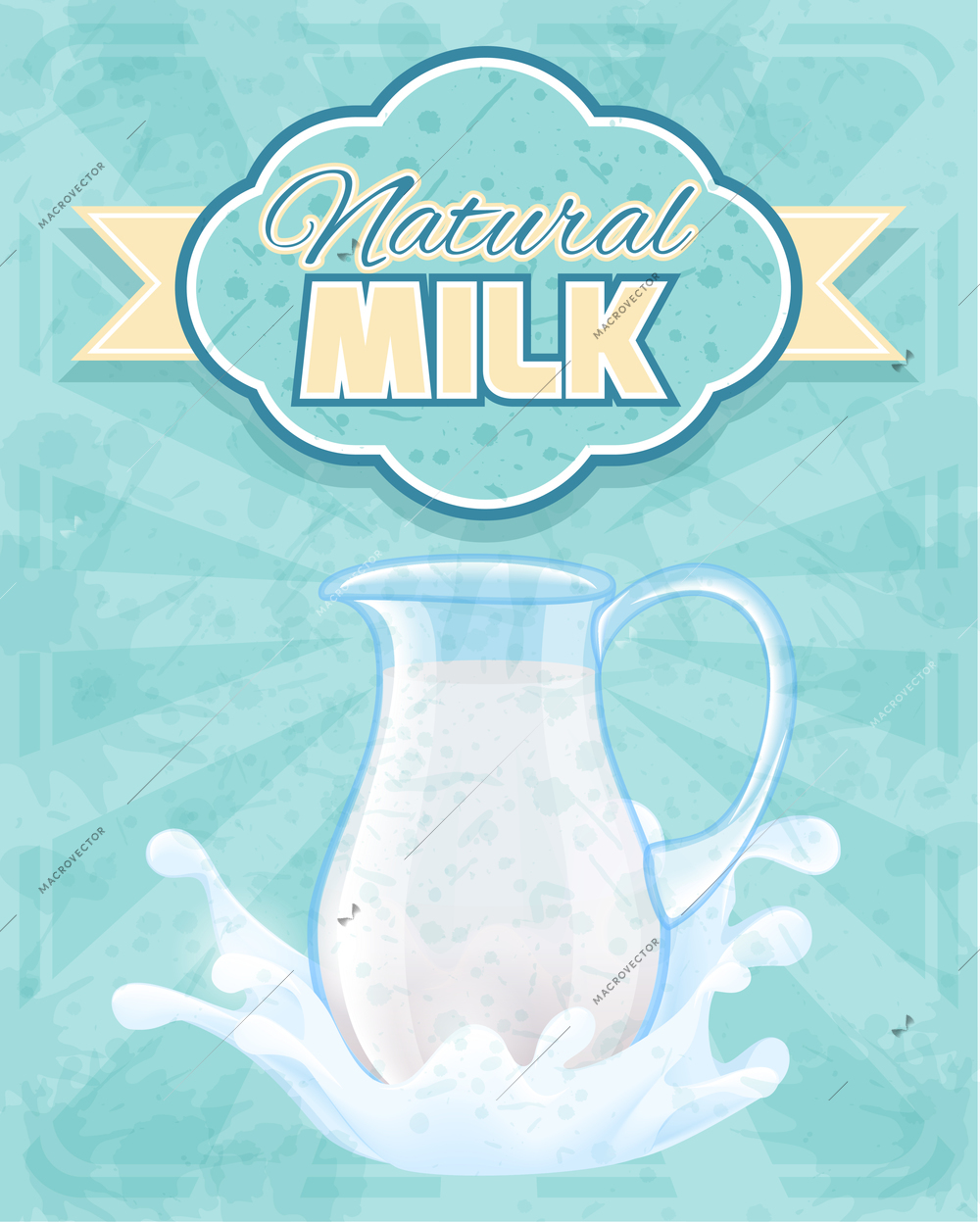 Milk pitcher retro poster with splashes on blue background vector illustration