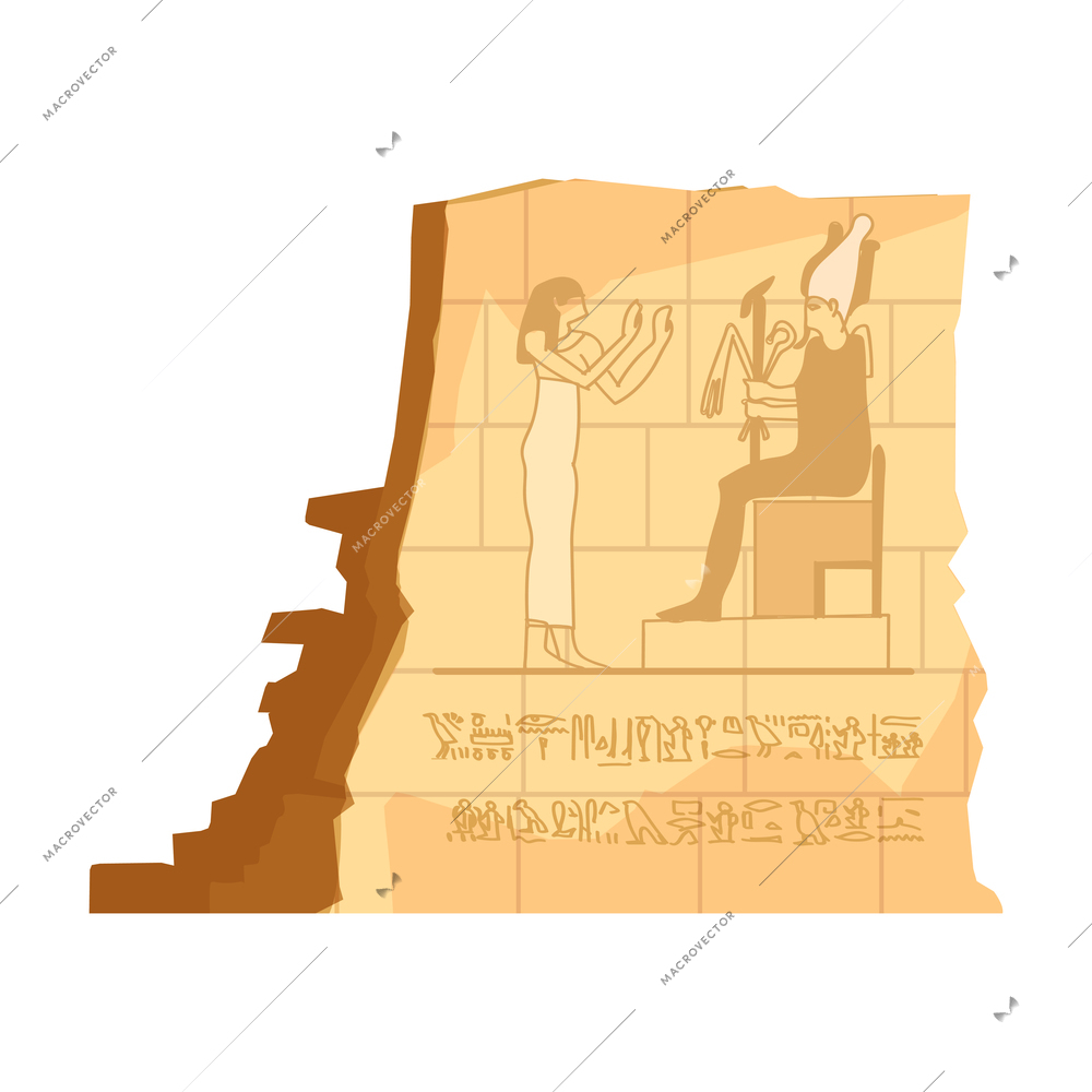 Egyptian tomb composition with isolated image of cracked wall with drawings and hieroglyphs etching vector illustration