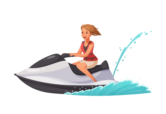 Summer water sports cartoon composition with character of woman riding personal watercraft vector illustration