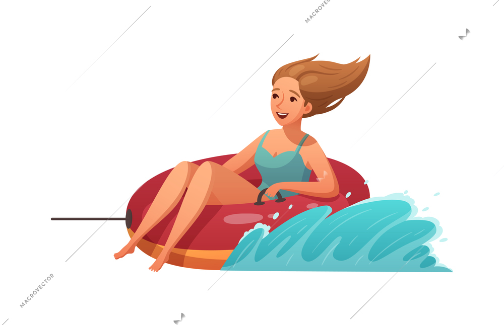 Summer water sports cartoon composition with character of woman riding inflatable rubber ring vector illustration