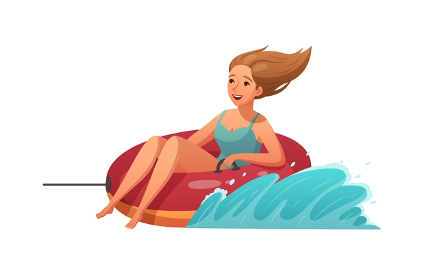 Summer water sports cartoon composition with character of woman riding inflatable rubber ring vector illustration