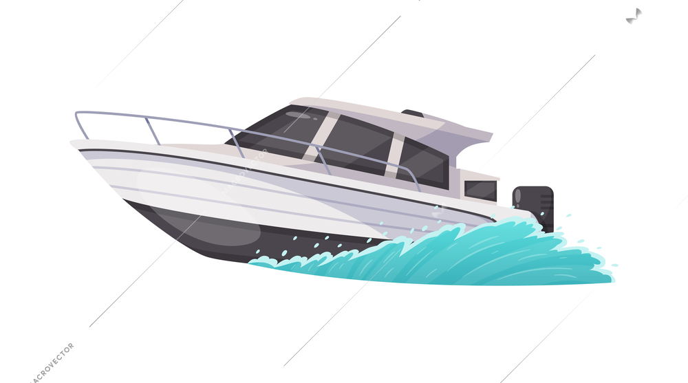 Summer water sports cartoon composition with image of cutter boat crossing sea waves vector illustration