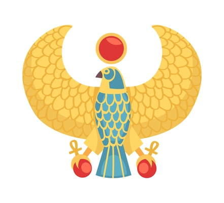 Egyptian tomb composition with isolated image of golden bird with wings royal balls and red circle vector illustration