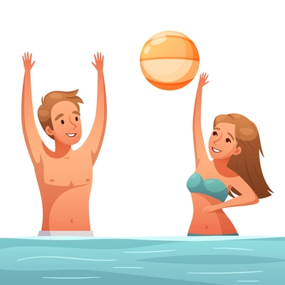 Summer water sports cartoon composition with characters of man and woman playing with ball in water vector illustration