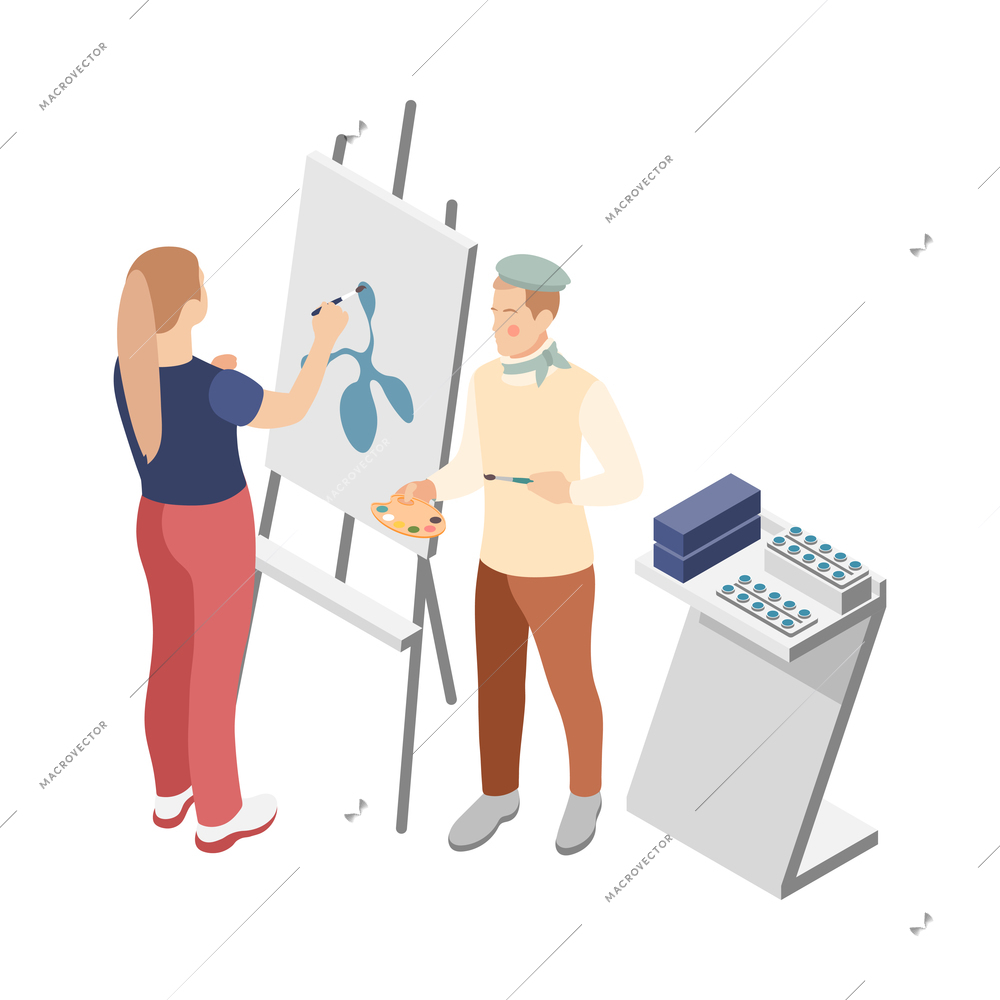 Promoter isometric composition with isolated human characters of painters drawing product design vector illustration