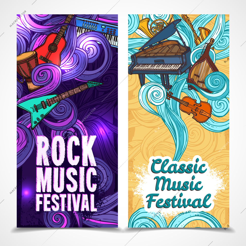 Classic and rock music festival vertical banners set with instruments isolated vector illustration