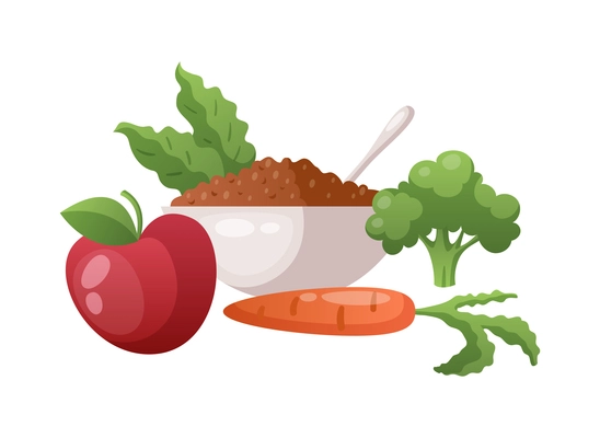 Diabetes cartoon composition with isolated images of apple carrot and porridge dish vector illustration