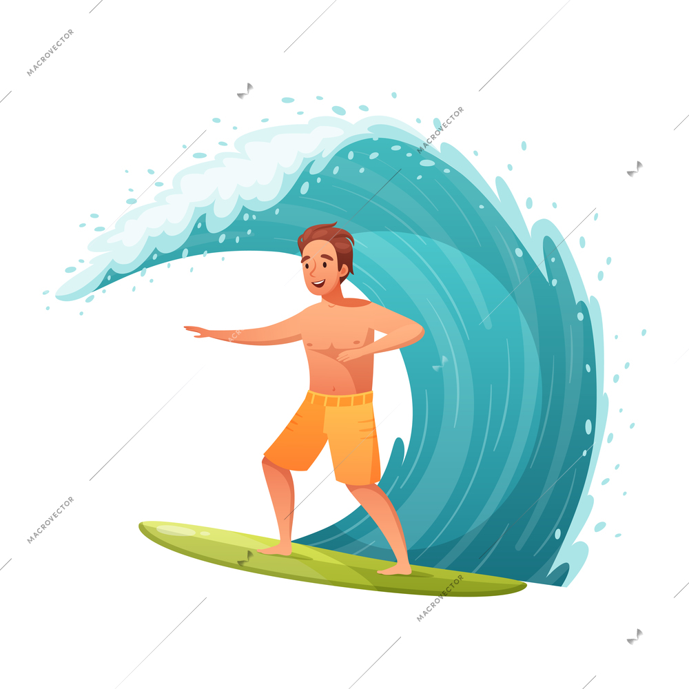 Summer water sports cartoon composition with character of man standing on surfboard with wave vector illustration