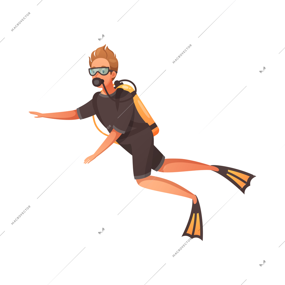 Summer water sports cartoon composition with character of scuba diving man wearing air mask vector illustration