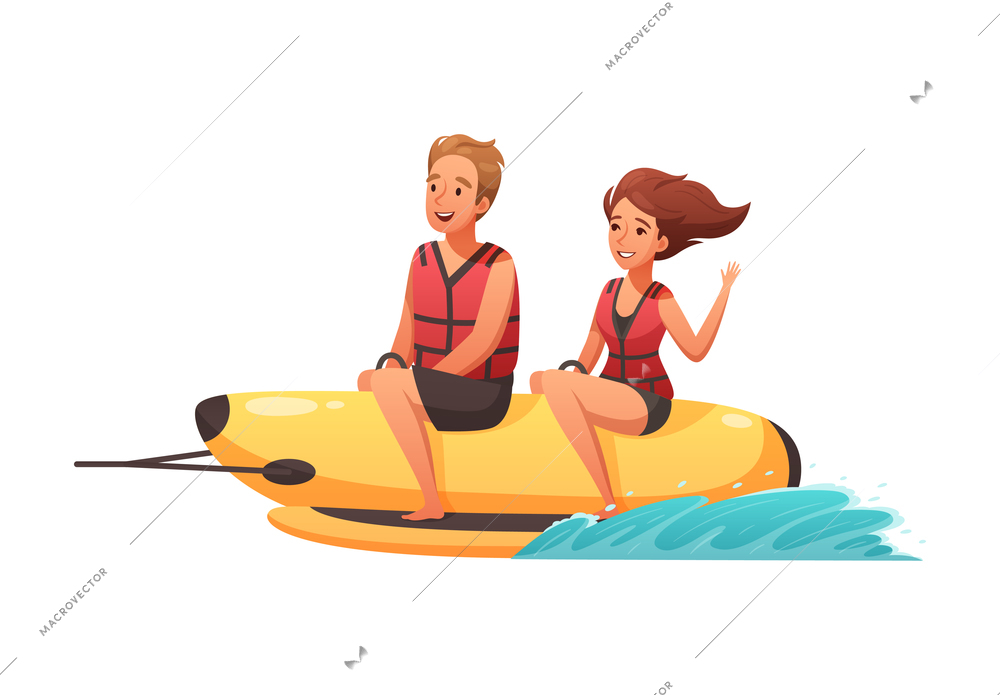 Summer water sports cartoon composition with characters of man and woman on banana shaped water sled vector illustration