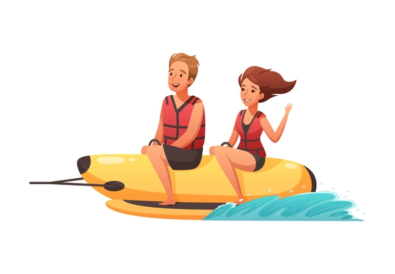 Summer water sports cartoon composition with characters of man and woman on banana shaped water sled vector illustration