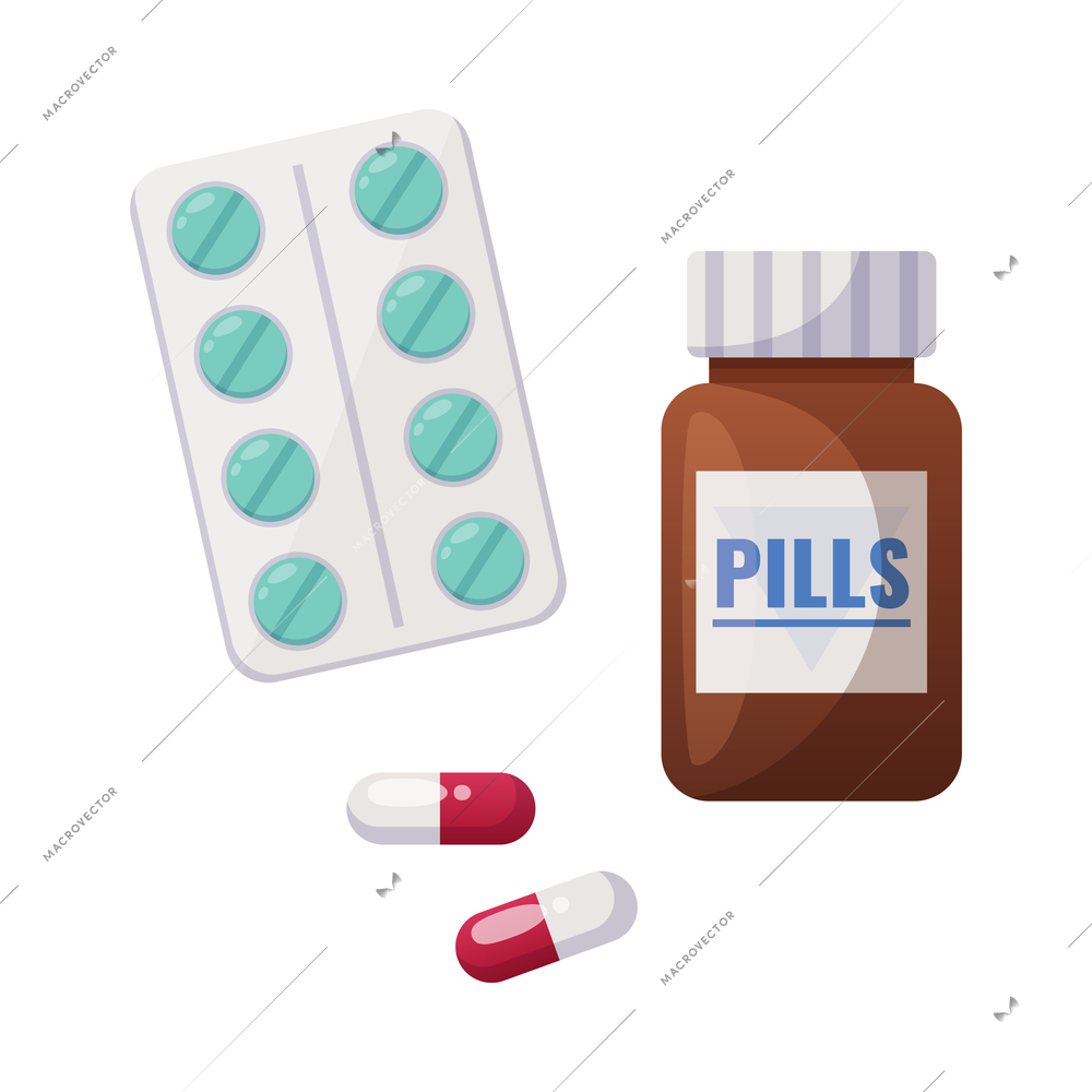 Diabetes cartoon composition with isolated images of medicine with insulin contained pills vector illustration