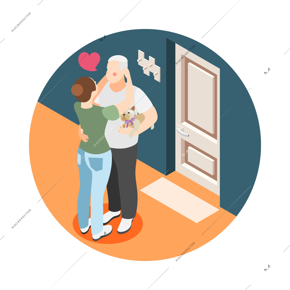 Different couples isometric round composition with kissing couple in front of door vector illustration