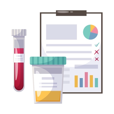 Diabetes cartoon composition with isolated images of medical vials and paper sheet with test results vector illustration