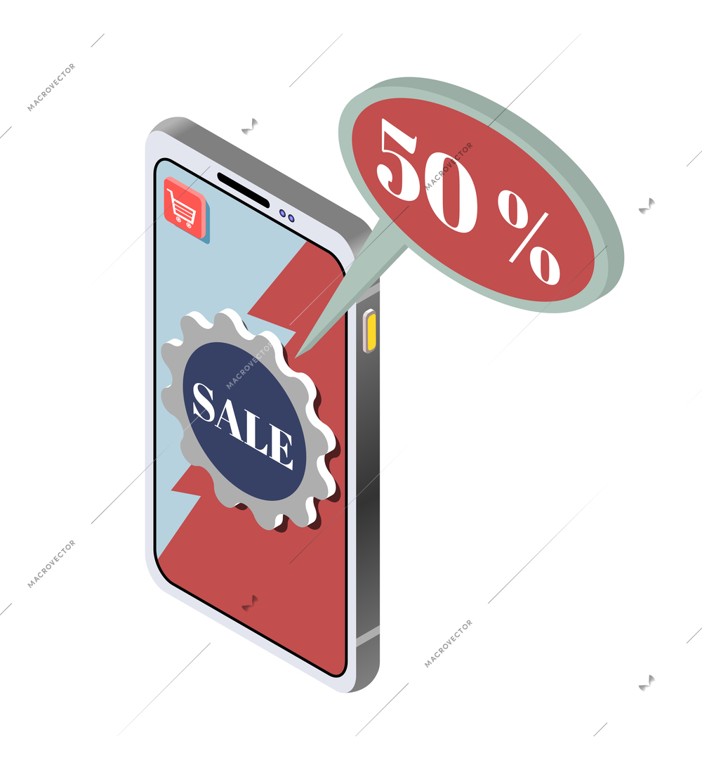 Promoter isometric composition with isolated image of smartphone with discount badge and app icon vector illustration