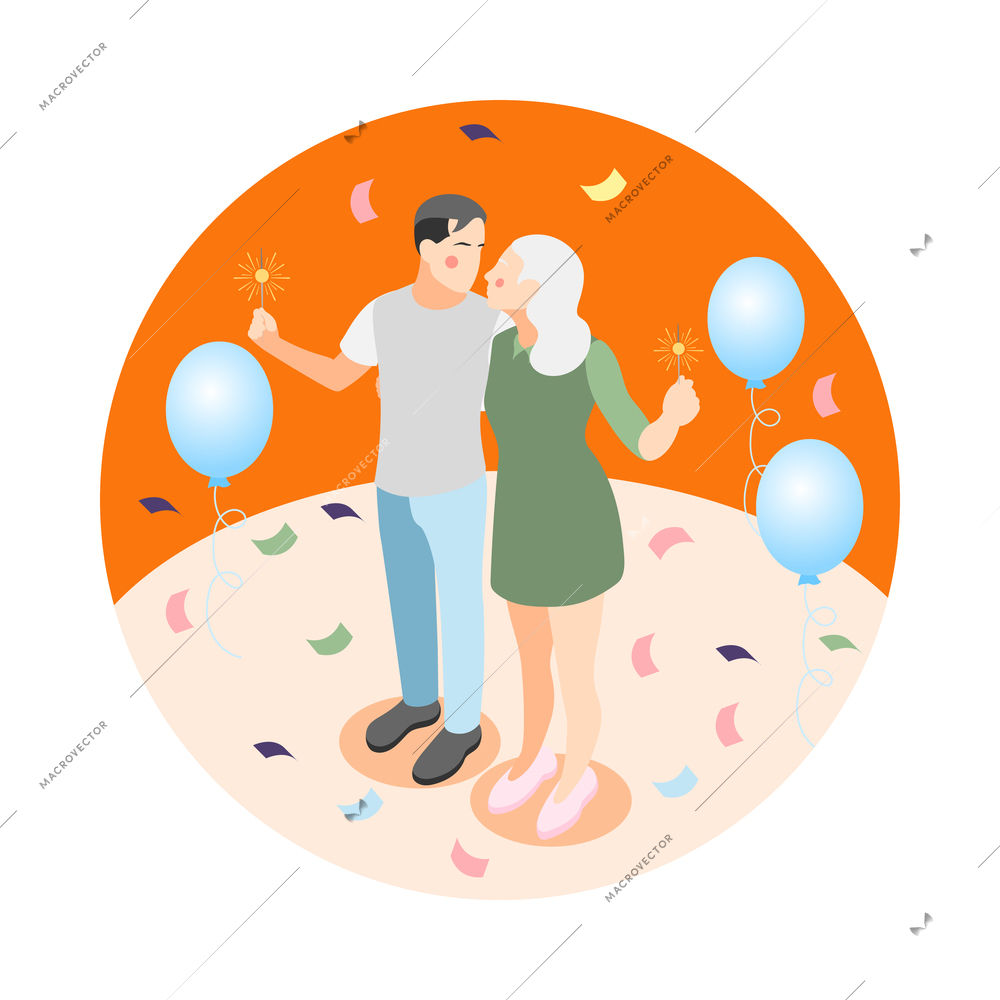 Different couples isometric round composition with loving couple surrounded by confetti and balloons vector illustration