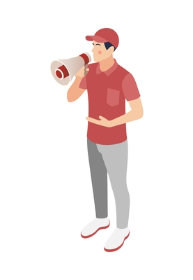 Promoter isometric composition with isolated character of male promoter in uniform holding megaphone vector illustration