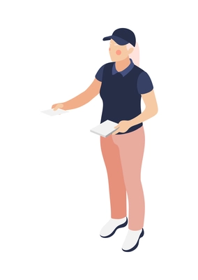 Promoter isometric composition with isolated character of female promoter in uniform with promotional leaflets vector illustration