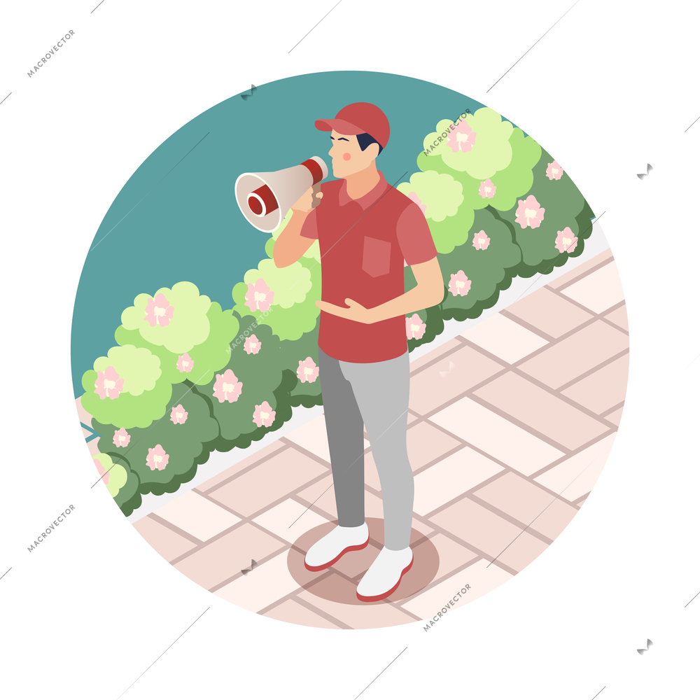 Promoter isometric round composition with character of guy wearing uniform talking in megaphone vector illustration