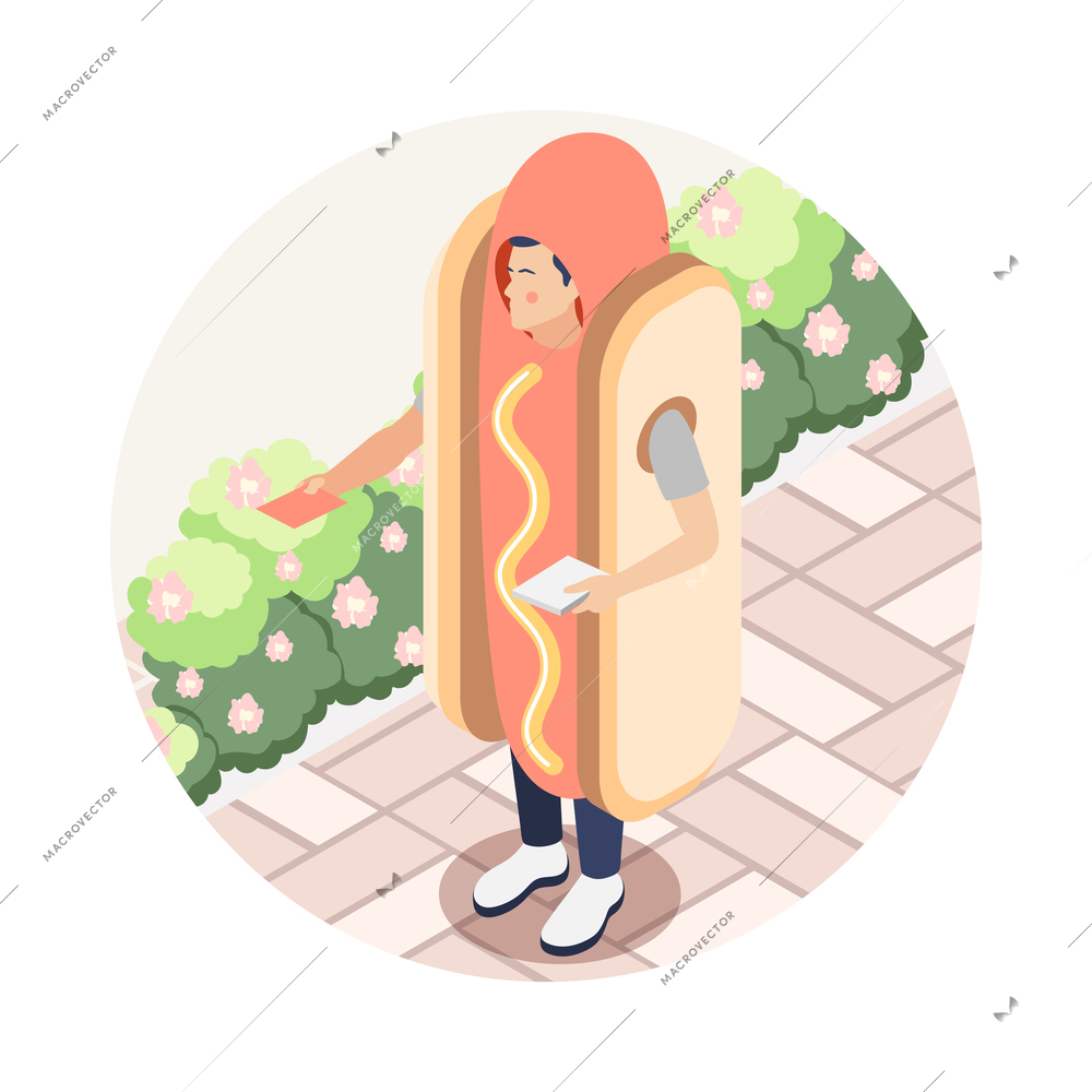 Promoter isometric round composition with character of guy wearing costume of hotdog holding leaflets vector illustration